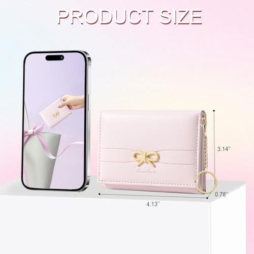 Sunwel Fashion Cute Coquette Bow Wallet with Key-chain Aesthetic Card Holder ID Window for Women Girls (PINK)2