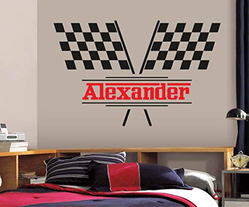 Custom Name Wall Decals Racing Flags Wall Art Kids Bedroom Home Nursery Room Wall Decor Boys Mural Vinyl Wall Stickers Gift Nd24 (34"W X 22"H Inches) #TOP21