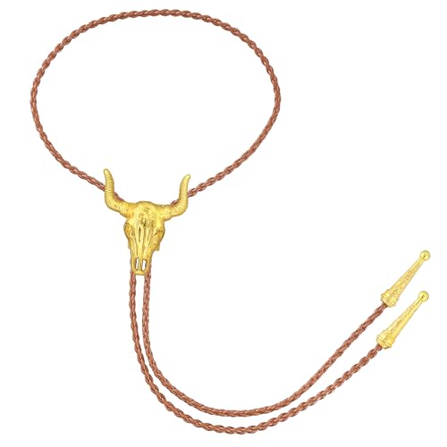 Image of GelConnie Longhorn Bull Bolo Tie for Men Native American Western Cowboy Leather Necktie Bolo Necklace for Women Gold Texas