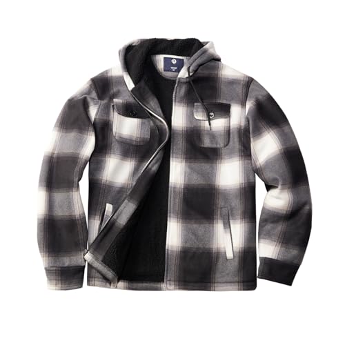 Image of TanBridge Men's Cotton Plaid Shirts Jacket Full Zip Fleece Flannel Sherpa Lined Hoodies Heavyweight Hoodies Jacket for Men