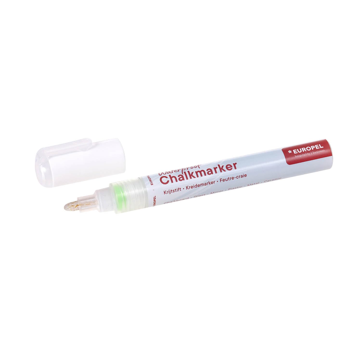 Europel Marker kredowy, wodoodporny, końcówka 6 mm – 1 biały marker w blistrze do wiadomości do użytku wewnątrz i na zewnątrz – tablice, łupki, tablice, okna