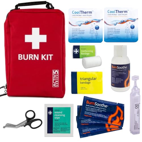 Premium Burns First Aid Kit Bag - Fully Stocked in Red Burns Bag with Compartments Containing Burns Gel Burns Dressings Bandages Scissors