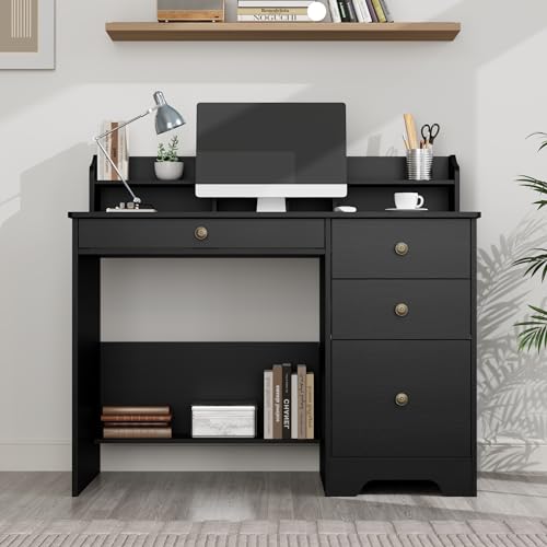 TTVIEW Computer Desk with Drawers and Hutch Shelf, Wood Executive Desk Writing Study Table with 43” Wide Tabletop, Small Desk with File Drawer for Home Office Bedroom, Black - Thumbnail 3
