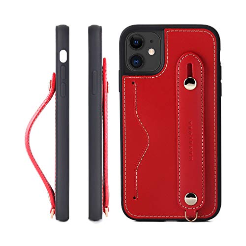 HANATORA IPhone 11 グリップケース レザー 本革 ストラップ付属 イタリア製牛革 ヌメ革 片手操作 カード収納 スタンド機能 メンズ レディース レッド CGH-11-Red