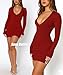 Coloquin Women Sexy Long Sleeve Bodycon Mini Dress Deep V Neck Ruched Club Party Going Out Dress Wine S