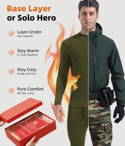 Image of Mens Thermal Underwear Long Johns Set Cold Weather Hunting Base Layer | Fleece lined top & bottom. Moisture wicking, 4-way stretch. Ultimate warm winter gear for skiing, work & outdoor sports