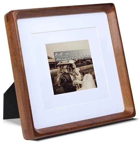 Image of Square 8x8 Picture Frame with Mat for 4x4 /6x6, USA-Sourced Natural Walnut Wood Handcrafted Rounded Corner with Real Glass, Vertical or Horizontal Display Photo Gallery Wall & Tabletop Frame