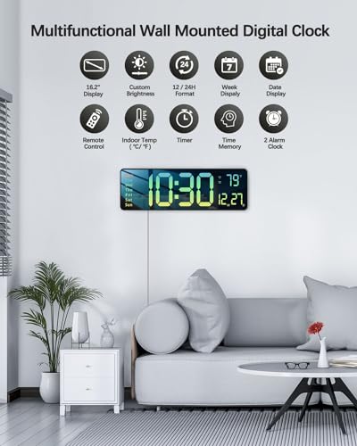 Image of Modern 16 inch Large Digital Wall Clock with Remote Control, LED Display, Auto-Dimming, Countdown, Temperature, Calendar - 12 /24Hr Format - Silent Wall Clock for Home, Office (Gradient Green)