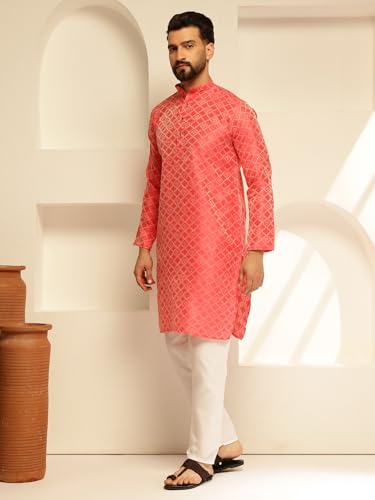 Image of SOJANYA (Since 1958 Men's Jacquard Silk Woven Motifs Kurta With White Pyjama