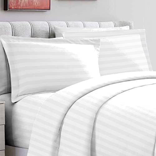 Pizuna 100% Cotton White Satin Stripe Double Duvet Set, 300 Thread Count Long Staple Cotton Quilt Cover Damask bedding set, 200x200 cm Double Duvet Cover with Button Closure (Damask Stripe Bedding)