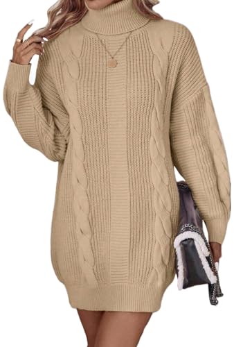 ELFIN Strickkleid Damen Oversized Rollkragen Pulloverkleid Winterkleid Langarm Strickpullover Zopfmuster Strick Langer Pullover Mini Kleider (M,...