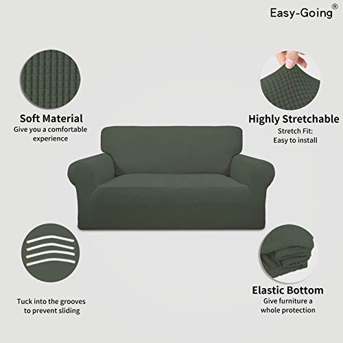 Image of Easy-Going Stretch Loveseat Slipcover 1-Piece Sofa Cover Furniture Protector Couch Soft with Elastic Bottom for Kids Polyester Spandex Jacquard Fabric Small Checks (Loveseat, Olive Green)