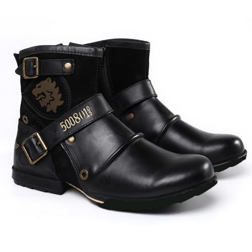 LMUIPMAA Bota Corta de Hombre en Piel Botas Hombre Moto Militares Botines con Cremallera Chukka Boots,Negro,44 EU