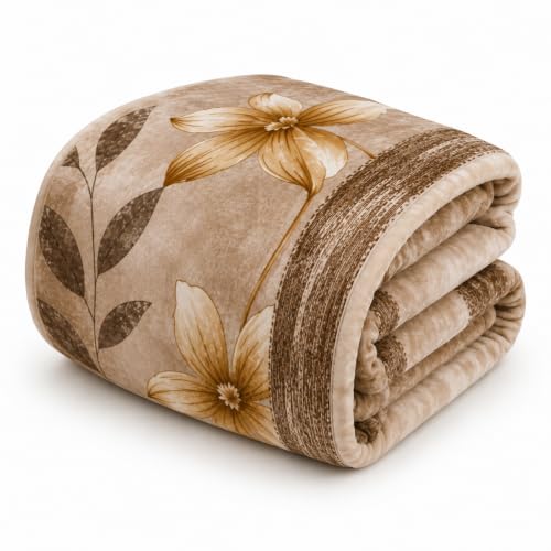 Image of Signature All Season Double Bed Blanket | Super Soft Plush, Lightweight & Cozy | 220 x 240 cm | 2.5 kg | Multi-Color Vibrant Print | Ideal for Winter, AC Use & Gifting (Beige Botancial)
