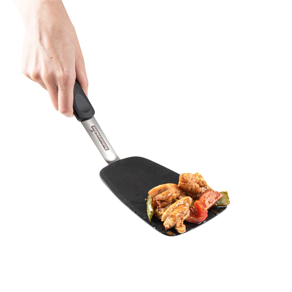 Comfy Grip - Volteador de silicona de 13.3 x 4 pulgadas, 1 espátula de cocina duradera, cuerpo de acero inoxidable, mango de goma con agujero, espátula de silicona negra, tolera hasta 446 F, lavable