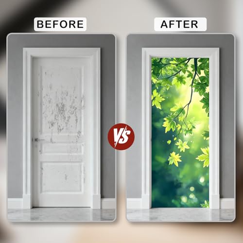Image of Nuxovilar Green Leaves Door Stickers Peel Stick PVC 30.3x78.7 in Cover | Door Stickers Wall Decals Peel Stick Cover Vinyl Art Poster Bedroom Living Room (Green Leaves)