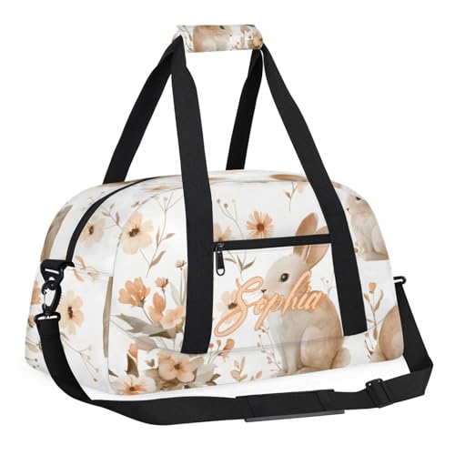 Personalized Name Duffle-Bag for Girls Boys,Custom Sports Gym Baseball Bag,Cute Carry-on Lightweight for Travel Outdoor Rabbits Flowers3