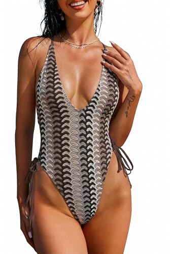 Image of ZAFUL Women Plunging One Piece Swimsuit Backless Cross Tie High Cut Thong One-Piece Bathing Suit