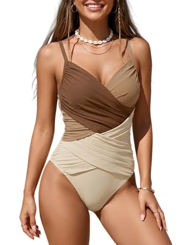 B2prity Women's One Piece Swimsuit Tummy Control Criss Cross Slimming Bathing Suit Full Coverage Swim Suit V Neck Swimwear