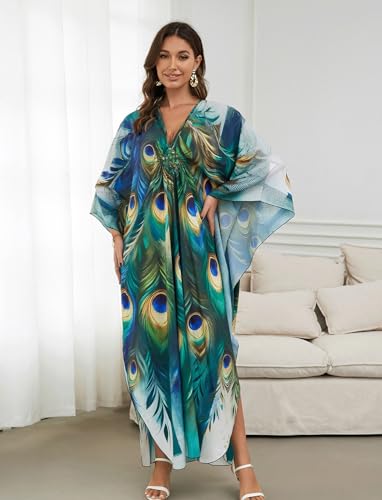Image of KECVOT Kaftan Dresses for Women Plus Size Batwing Sleeve Caftans Long Bathing Suit Cover Up Maxi Beach Dress Loungewear