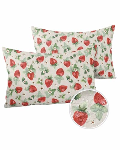 Red Strawberry Outdoor Pillow Cover 12x20 Inch Cushion Sham Case, Waterproof Decorative Lumbar Throw Pillowcase for Outside Garden Patio Porch Couch Chair Tent Summer Fruits Green Leaves White Floral