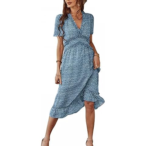 Women Summer Dresses Women Midi Dress Short Sleeve Casual Summer Dress V Neck Swing A Line Dress for Women Dress for Women (B-blue,S) Cover