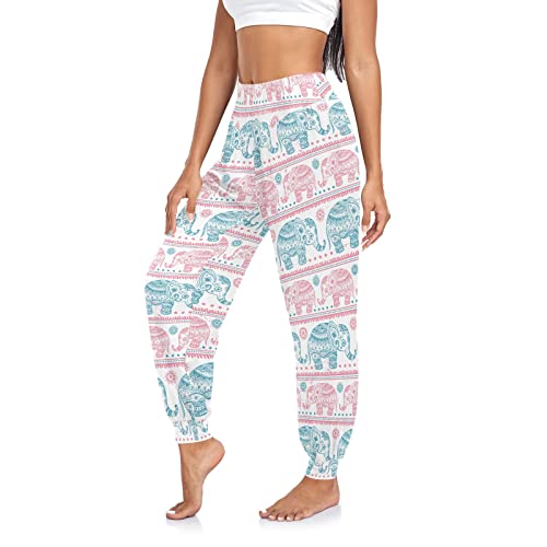 Cute Fox Pantalon de jogging en forme de cône de pin pour femme Taille haute, Lotus bleu rose et éléphants, Taille L