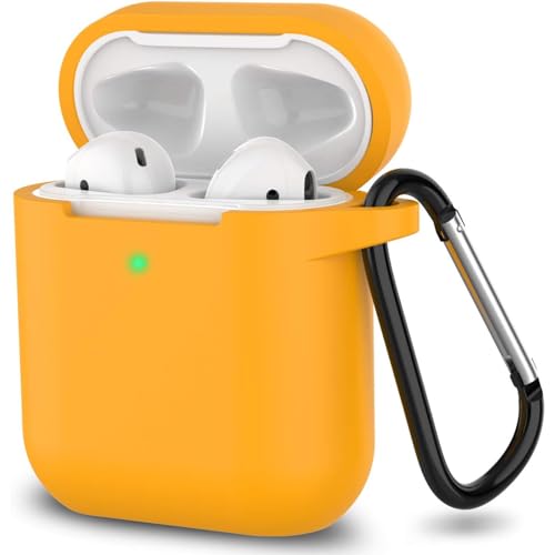 AirPods 1/2. Nesil Uyumlu Silikon Kılıf, Anahtarlıklı, Kablolu ve Kablosuz Şarj Destekli, Hardal, A1523 A1722 A1602 A2031 A2032