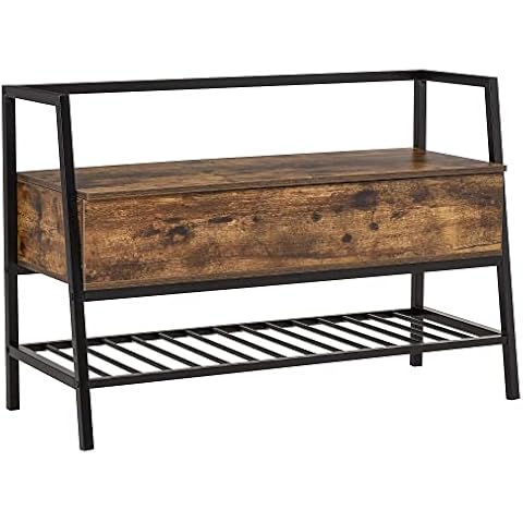 HOMCOM Schuhbank Sitzbank Sitztruhe mit 2 Ablagen Eingangsbereich großer Lagerraum Industriedesign Spanplatte Metall Rustikales Braun+Schwarz 90 x 37 x 60 cm Cover