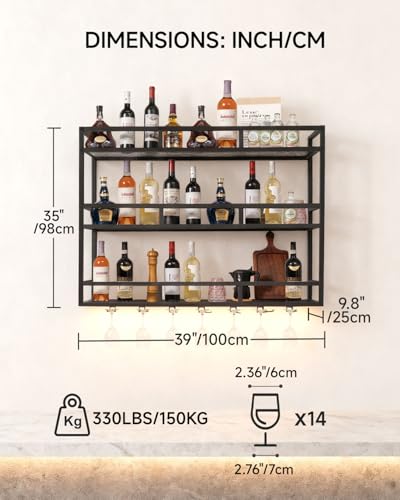 Modern LED Wine Rack Wall Mounted with Bottle Glass Holder, 100 cm 3-Tiers Metal Liquor Floating Shelves, Wall Bar Shelf for Home, Commercial Bar, Kitchen Storage Display, Black - Image 3