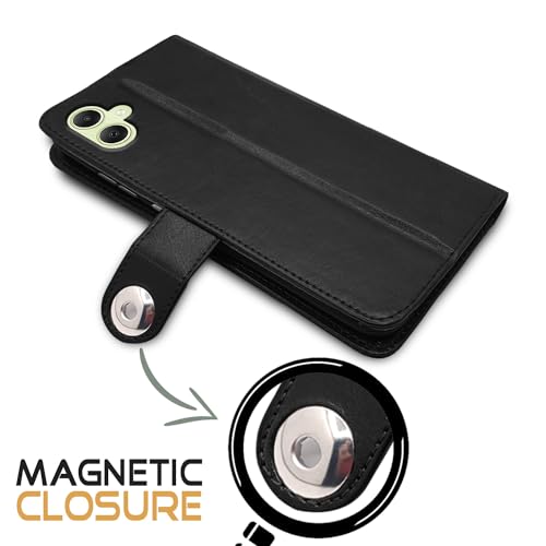 Image of Pikkme Flip Cover Leather Finish | Inside TPU with Card Pockets | Wallet Stand and Shock Proof | Complete Protection Button Flip Case for Samsung Galaxy A05 / M05 / F05 (Black)