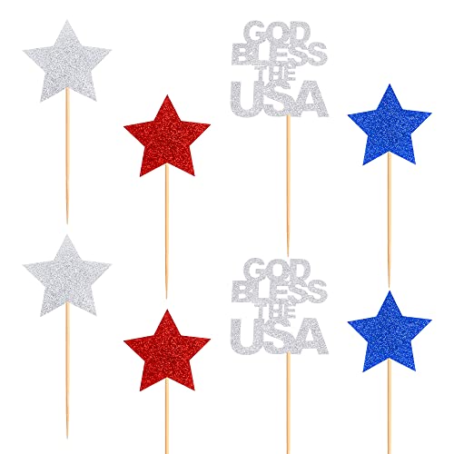 Cyodoos Pack Of 24 God Bless The Usa With Stars Cupcake Toppers Independence Day Cupcake Toppers 4Th Of July Patriotic Cupcake Picks Toothpicks Decorations For Independence Day Party Supplies #TOP2