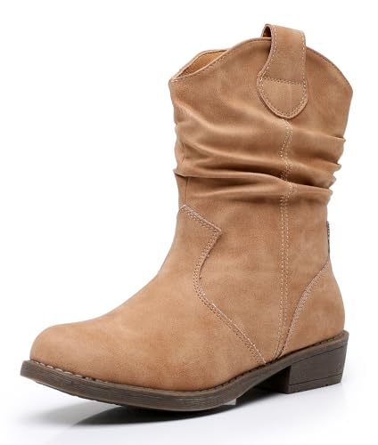 Apakowa Girls Cowgirl Boots Girls Western Slouch Mid-Calf Boots with Side Zipper Soft Faux Suede Fashion Dress Boots for Little & Big Kids