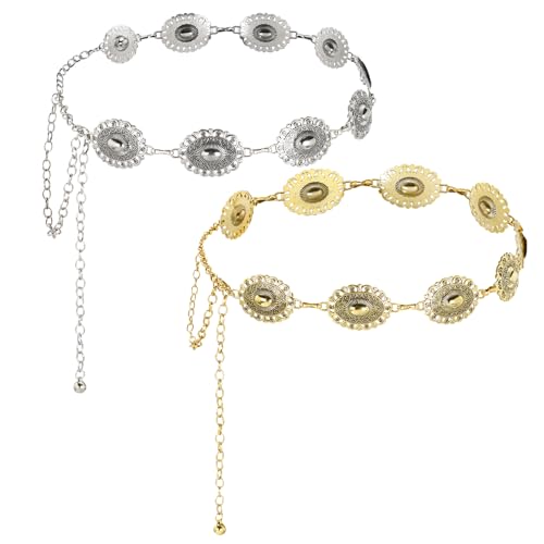 2 Pcs Western Cowgirl Belt for Women, Gold & Silver Concho Chain Belt - Boho Waist Chain for Dresses, Jeans, Concerts, Country Fashion Accessories