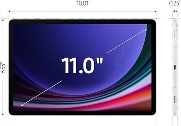 Diagram showing the dimensions of the SAMSUNG Galaxy Tab S9, with an 11.0-inch screen diagonally, 10.01 inches width, 6.53 inches height, and 0.23 inches thickness.