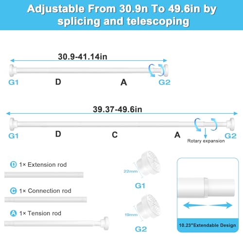 Image of Tension Curtain Rod 30 To 49 Inch White Tension Rods Adjustable Spring Loaded Curtain Rods 7 /8 inch No Drilling Tension Rods For Windows Bedroom Closet Doorway Door