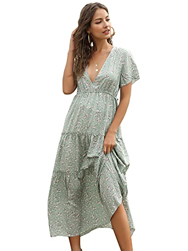 Anna-Kaci Women's Wrap Dresses Bohemian Floral Summer Casual Short Sleeve V-Neck Maxi Dress, Mint Green, Large