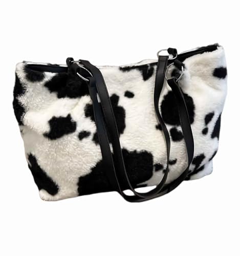 Cow Print Fuzzy Fluffy Shoulder Tote Bag For Women, Furry