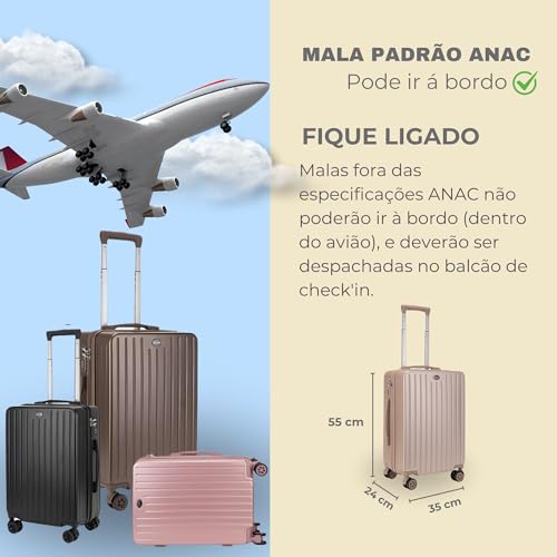 GMTA Mala de Viagem de Bordo 10Kg Rígida Padrão ANAC com 4 Rodas duplas 360° Cadeado Anti Furto Leve