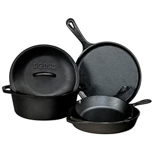 Lodge Seasoned Cast Iron 5 Piece Bundle. 10.5″ Griddle, 8″ Skillet, 10.25″ Skillet, 10.25″ Dutch Oven, and 10.25″ Lid,Black