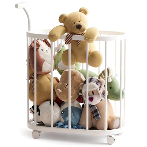 Frstem Kuscheltier Aufbewahrung mit Rädern, Stofftier und Spielzeug Aufbewahrungswagen Weiß aus PP mit 360° schwenkbaren Rollen, 58x29x72cm Plüschtier Aufbewahrungsmöbel für Kinderzimmer Spielzimmer