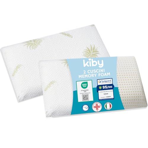 Kiby® Coppia Cuscini Memory Foam 70x40, [Dispositivo Medico], Forato con Supporto Cervicale, Fodera con Aloe Vera | Certificato OEKO-TEX® e CERTIPUR™