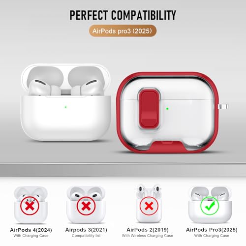 Image of Compatible Airpods Pro 3 Case (2025) with Phone Stand & Cleaner Kit,Print Soft Silicone Lock Clip Apple AirPods Pro 3rd Generation Case, Airpod Pro 3 Cover with Keychain for Women /Girls,Red