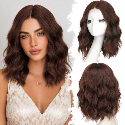 Image of Eawwii Wigs for Women Brown,Short Wavy Synthetic Lace Wig