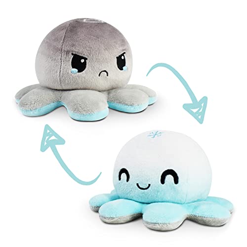 TeeTurtle | Reversible Octopus Plushie | Light Blue Snowflake + Gray Cloud | Happy + Angry | Show Your Mood Without Saying a Word! - Snowflake + Cloud