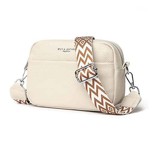 Efilra Crossbody Bag for Women, Small Leather Camera Purse Thick Strap Cross-body Bags, Triple Zip Shoulder Bag with Guitar Strap (A-Beige), A-beige, Camera Crossbody Bag