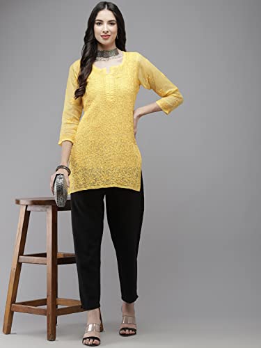 Image of Ada Women's Cotton Blend Regular Fit Tunic Hand Embroidered Lucknowi Chikankari Kota Western Top Kurti With Slip A911184