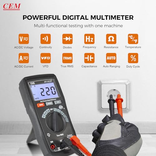 Image of CEM DT-913T Digital Multimeter TRMS 4000 Counts Voltmeter Auto-Ranging Fast Accurately Measures LCD Display Voltage Current Amp Resistance Diodes Continuity for Automotive