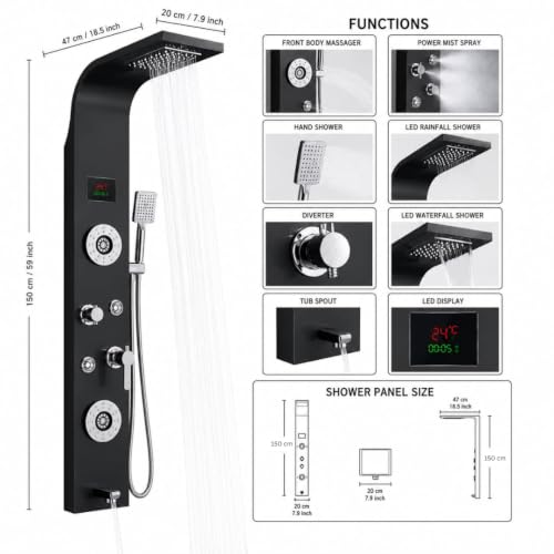 Image of Stainless Steel 304 Grade Shower Panel 8in1+ Extra Large 3Ways Hand Shower With LED Rainfall Waterfall 2Body Massage 4Mist Spray Temperature Display Shower Panel (Black)