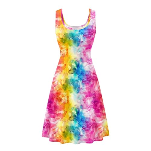 KiuLoam Ink Tie Dye Rainbow Women's Sleeveless Dresses A-Line Dress Party Elegant Casual Dress with Pocket Sundresses for Summer Plus Size 3XL